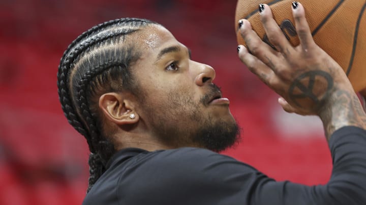 Apr 20, 2025; Houston, Texas, USA; Houston Rockets guard Jalen Green (4) warms up before the game against the Golden State Warriors at Toyota Center. Mandatory Credit: Troy Taormina-Imagn Images