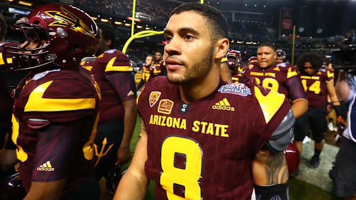 Jan 2, 2016; Phoenix, AZ, USA; Arizona State Sun Devils wide receiver D.J. Foster walks off the field following the loss against the West Virginia Mountaineers in the Cactus Bowl at Chase Field. Mandatory Credit: Mark J. Rebilas-Imagn Images Jan 2, 2016; Phoenix, AZ, USA; Arizona State Sun Devils wide receiver D.J. Foster walks off the field following the loss against the West Virginia Mountaineers in the Cactus Bowl at Chase Field. Mandatory Credit: Mark J. Rebilas-Imagn Images