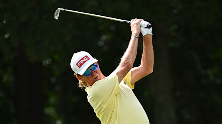 Miguel Angel Jimenez takes a swing during the 2025 Constellation Furyk & Friends