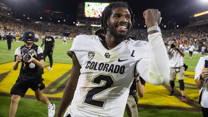 Oct 7, 2023; Tempe, Arizona, USA; Colorado Buffaloes quarterback Shedeur Sanders (2) celebrates after defeating the Arizona State Sun Devils at Mountain America Stadium, Home of the ASU Sun Devils. Mandatory Credit: Mark J. Rebilas-Imagn Images
