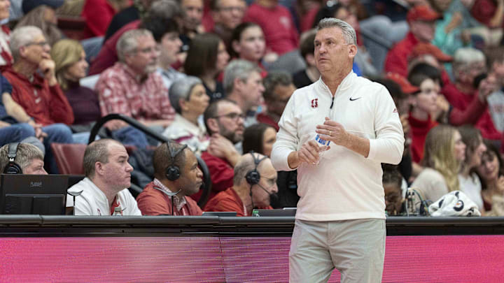 Jan 24, 2026; Stanford, California, USA;  Stanford Cardinal head coach Kyle Smith during the second half against the California Golden Bears at Maples Pavilion. Mandatory Credit: Stan Szeto-Imagn Images