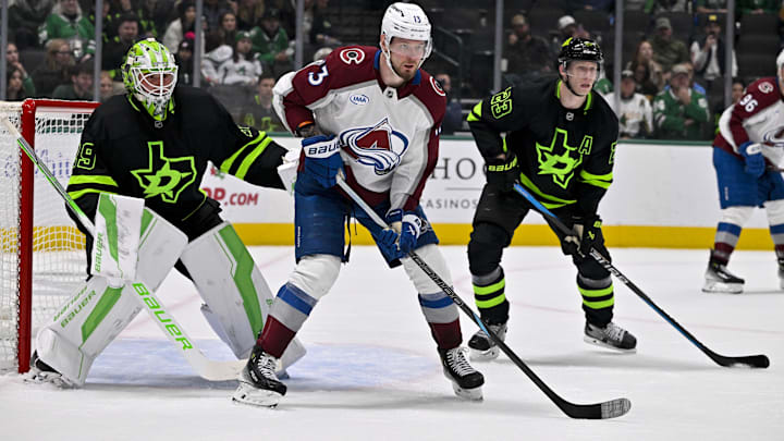 Nov 29, 2024; Dallas, Texas, USA; Dallas Stars goaltender Jake Oettinger (29) and defenseman Esa Lindell (23) and Colorado Avalanche right wing Valeri Nichushkin (13) in action during the game between the Dallas Stars and the Colorado Avalanche at American Airlines Center. Mandatory Credit: Jerome Miron-Imagn Images