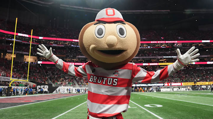 Jan 20, 2025; Atlanta, GA, USA;  Ohio State Buckeyes mascot performs before the CFP National Championship college football game against the Notre Dame Fighting Irish at Mercedes-Benz Stadium. Mandatory Credit: Kirby Lee-Imagn Images