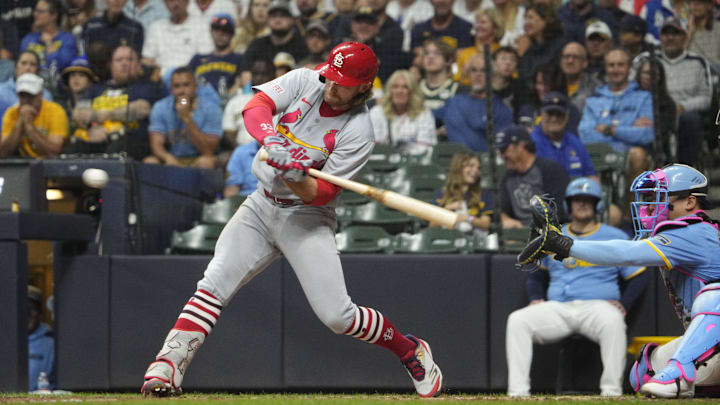 Sep 12, 2025; Milwaukee, Wisconsin, USA; St. Louis Cardinals second base Brendan Donovan (33) gets a base hit against the Milwaukee Brewers in the seventh inning at American Family Field. Mandatory Credit: Michael McLoone-Imagn Images Sep 12, 2025; Milwaukee, Wisconsin, USA; St. Louis Cardinals second base Brendan Donovan (33) gets a base hit against the Milwaukee Brewers in the seventh inning at American Family Field. Mandatory Credit: Michael McLoone-Imagn Images