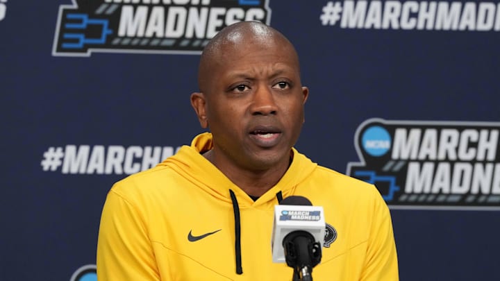 Mar 19, 2025; Wichita, KS, USA; Missouri Tigers head coach Dennis Gates at press conference at Intrust Bank Arena. Mandatory Credit: Kirby Lee-Imagn Images