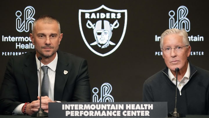 Jan 27, 2025; Las Vegas, NV, USA; Las Vegas Raiders general manager John Spytek (left) and coach Pete Carroll at press conference at Intermountain Health Performance Center. Mandatory Credit: Kirby Lee-Imagn Images