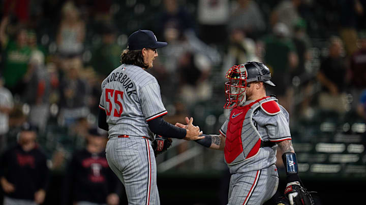 Jun 2, 2025; West Sacramento, California, USA; Minnesota Twins pitcher Kody Funderburk (55) and Minnesota Twins catcher Christian Vázquez (8) celebrate after the game against the Athletics at Sutter Health Park. Mandatory Credit: Neville E. Guard-Imagn Images Jun 2, 2025; West Sacramento, California, USA; Minnesota Twins pitcher Kody Funderburk (55) and Minnesota Twins catcher Christian Vázquez (8) celebrate after the game against the Athletics at Sutter Health Park. Mandatory Credit: Neville E. Guard-Imagn Images