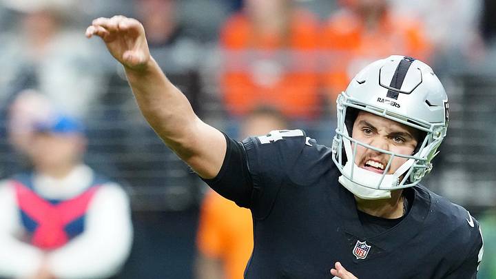 Jan 7, 2024; Paradise, Nevada, USA; Las Vegas Raiders quarterback Aidan O'Connell (4) throws against the Denver Broncos during the second quarter at Allegiant Stadium.