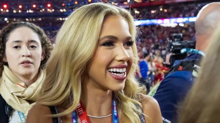 Feb 12, 2023; Glendale, Arizona, US; Kansas City Chiefs ownership family member Gracie Hunt against the Philadelphia Eagles during Super Bowl LVII at State Farm Stadium.