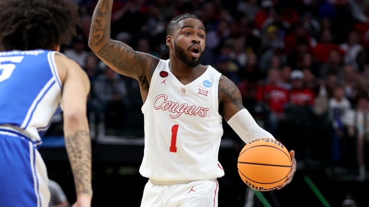Mar 29, 2024; Dallas, TX, USA; Houston Cougars guard Jamal Shead (1) dribbles during the first half in the semifinals of the South Regional of the 2024 NCAA Tournament against the Duke Blue Devils at American Airlines Center. Mandatory Credit: Tim Heitman-USA TODAY Sports 