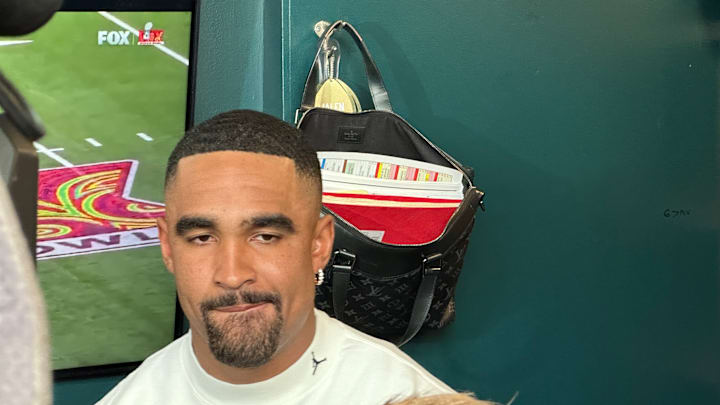 Jalen Hurts meets reporters for the final time this season, doing so as the Super Bowl LIX MVP.