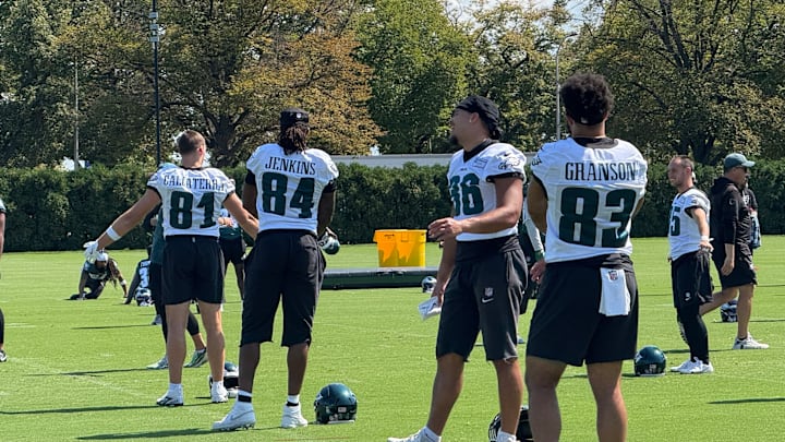 With Dallas Goedert ruled out for Sunday's Week 2 game, these are the available tight ends getting loose before practice: (from left to right) Grant Calcaterra, E.J. Jenkins, Cam Latu, and Kylen Granson.
