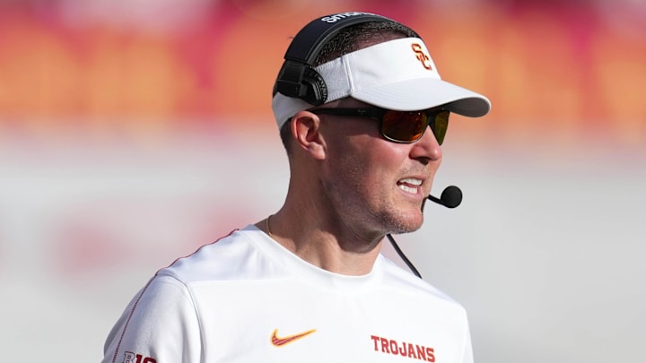 Nov 30, 2024; Los Angeles, California, USA; Southern California Trojans head coach Lincoln Riley reacts against the Notre Dame Fighting Irish in the second half at United Airlines Field at Los Angeles Memorial Coliseum. Mandatory Credit: Kirby Lee-Imagn Images