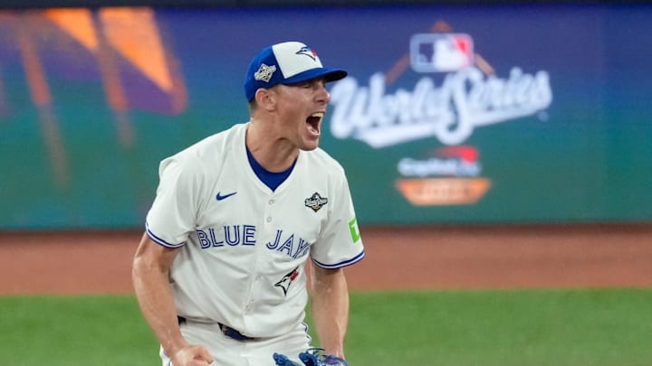 Oct 24, 2025; Toronto, Ontario, CAN; Toronto Blue Jays pitcher Chris Bassitt (40) celebrates after throwing against the Los Angeles Dodgers in the eighth inning during game one of the 2025 MLB World Series at Rogers Centre. Mandatory Credit: Kevin Sousa-Imagn Images Oct 24, 2025; Toronto, Ontario, CAN; Toronto Blue Jays pitcher Chris Bassitt (40) celebrates after throwing against the Los Angeles Dodgers in the eighth inning during game one of the 2025 MLB World Series at Rogers Centre. Mandatory Credit: Kevin Sousa-Imagn Images