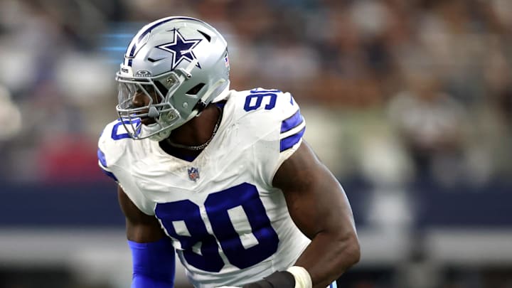Sep 17, 2023; Arlington, Texas, USA; Dallas Cowboys defensive end DeMarcus Lawrence (90) rushes the passer in the third quarter against the New York Jets at AT&T Stadium. Mandatory Credit: Tim Heitman-Imagn Images