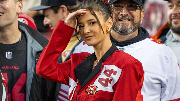 Kristin Juszczyk, wife of San Francisco 49ers fullback Kyle Juszczyk (44), before a 2024 NFC divisional round game against the Green Bay Packers at Levi's Stadium.