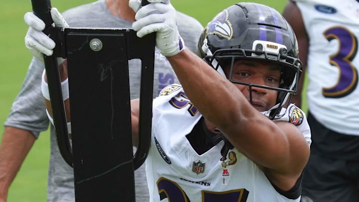 Jul 24, 2025; Owings Mills, MD, USA; Baltimore Ravens safety Beau Brade (25) during drills at training camp at the Under Armour Performance Center. Mandatory Credit: Mitch Stringer-Imagn Images