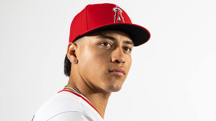 Feb 18, 2026; Tempe, AZ, USA; Los Angeles Angels pitcher Samy Natera Jr. poses for a portrait during photo day at Tempe Diablo Stadium.  Mandatory Credit: Mark J. Rebilas-Imagn Images