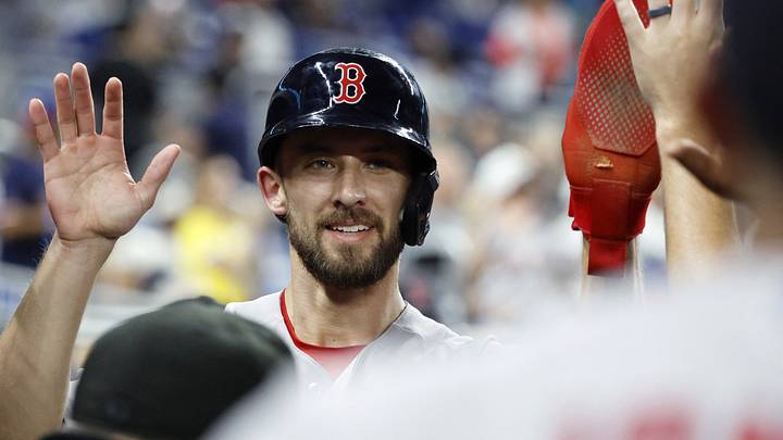 Aug 24, 2026; Miami, Florida, USA; Boston Red Sox right fielder Eli White (38) celebrates in the dugout after scoring against the Miami Marlins during the ninth inning at loanDepot Park. Mandatory Credit: Rhona Wise-Imagn Images Aug 24, 2026; Miami, Florida, USA; Boston Red Sox right fielder Eli White (38) celebrates in the dugout after scoring against the Miami Marlins during the ninth inning at loanDepot Park. Mandatory Credit: Rhona Wise-Imagn Images
