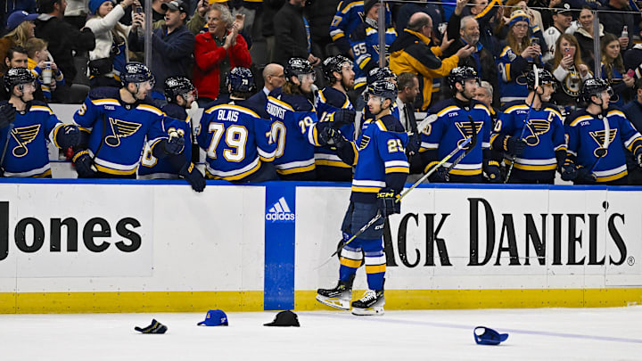 St. Louis Blues center Jordan Kyrou (25) is congratulated