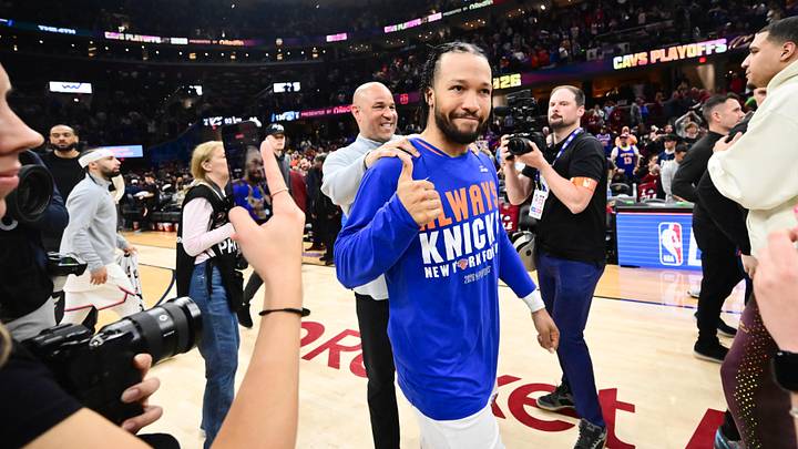 May 25, 2026; Cleveland, Ohio, USA; New York Knicks guard Jalen Brunson (11) reacts after defeating the Cleveland Cavaliers in game four of the eastern conference finals for the 2026 NBA playoffs at Rocket Arena. Mandatory Credit: Ken Blaze-Imagn Images