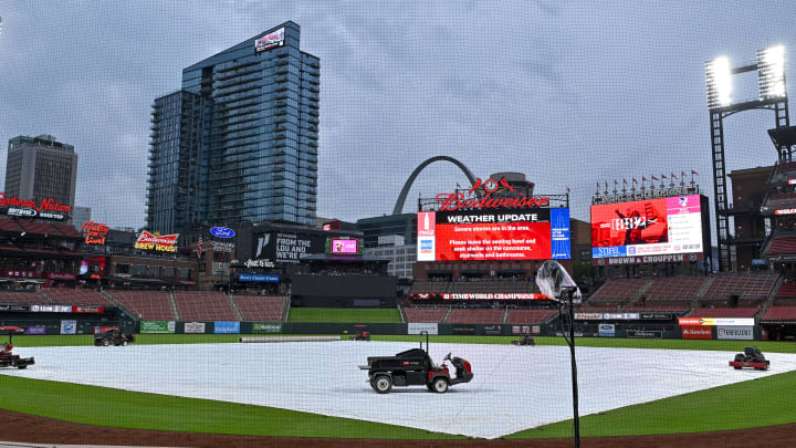 May 8, 2024; St. Louis, Missouri, USA; A general view of the tarp on the field as storms move through the St. Louis region delaying a game between the St. Louis Cardinals and the New York Mets at Busch Stadium. Mandatory Credit: Jeff Curry-USA TODAY Sports May 8, 2024; St. Louis, Missouri, USA; A general view of the tarp on the field as storms move through the St. Louis region delaying a game between the St. Louis Cardinals and the New York Mets at Busch Stadium. Mandatory Credit: Jeff Curry-USA TODAY Sports
