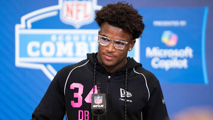Ohio State defensive back Caleb Downs speaks to members of the media during the NFL Combine at the Indiana Convention Center.