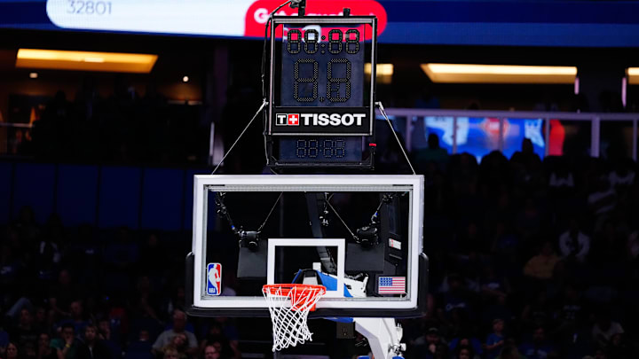 Apr 2, 2023; Orlando, Florida, USA; General view of a shot clock and timer malfunction during a game between the Orlando Magic and the Detroit Pistons during the second quarter at Amway Center. Mandatory Credit: Rich Storry-Imagn Images