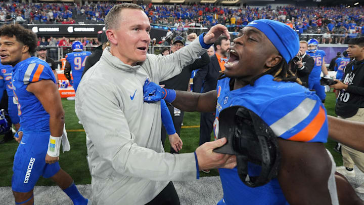 Dec 2, 2023; Las Vegas, NV, USA; Boise State Broncos head coach Spencer Danielson celebrates with running back Ashton Jeanty (2) after 44-20 victory over the UNLV Rebels in the Mountain West Championship at Allegiant Stadium. Mandatory Credit: Kirby Lee-Imagn Images