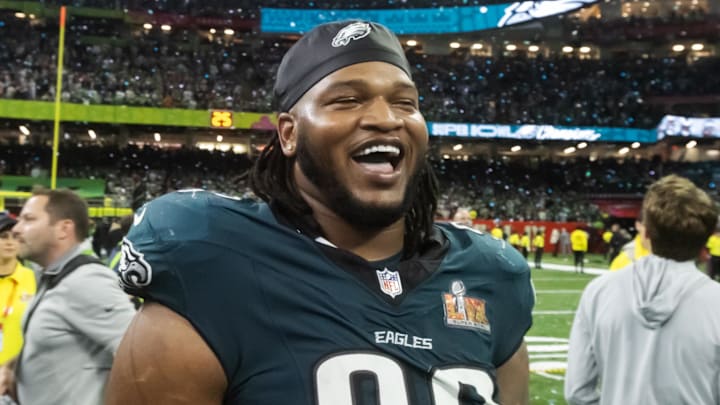 Feb 9, 2025; New Orleans, LA, USA; Philadelphia Eagles defensive end Jalen Carter (98) celebrates after defeating the Kansas City Chiefs during Super Bowl LIX at Ceasars Superdome. Mandatory Credit: Mark J. Rebilas-Imagn Images Feb 9, 2025; New Orleans, LA, USA; Philadelphia Eagles defensive end Jalen Carter (98) celebrates after defeating the Kansas City Chiefs during Super Bowl LIX at Ceasars Superdome. Mandatory Credit: Mark J. Rebilas-Imagn Images