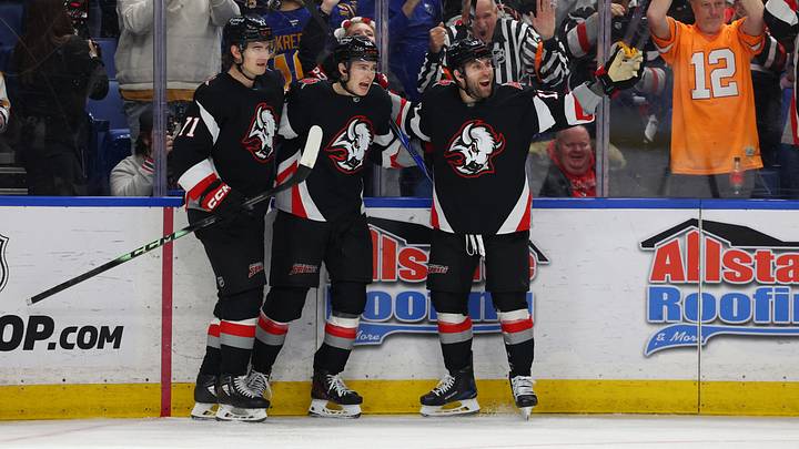 Buffalo Sabres players Ryan McLeod, Jack Quinn and Jason Zucker Buffalo Sabres players Ryan McLeod, Jack Quinn and Jason Zucker