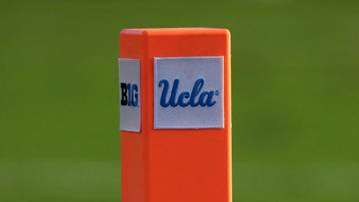Sep 14, 2024; Pasadena, California, USA; A pylon with the Big Ten Conference and the UCLA Bruins logos at Rose Bowl. Mandatory Credit: Kirby Lee-Imagn Images