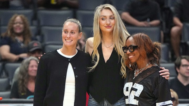 LA Sparks players Stephanie Talbot, Cameron Brink, and Lexie Brown pose before the game against the New York Liberty, LA Sparks players Stephanie Talbot, Cameron Brink, and Lexie Brown pose before the game against the New York Liberty,