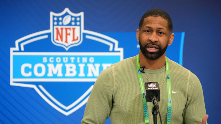 Feb 25, 2025; Indianapolis, IN, USA; Cleveland Browns general manager Andrew Berry speaks during the NFL Scouting Combine at the Indiana Convention Center. Mandatory Credit: Kirby Lee-Imagn Images