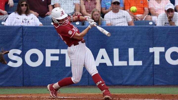 Alabama softball player Kali Heivilin (22) hits the ball against LSU in the SEC Tournament at the Auburn Softball Complex in Tuscaloosa, AL on Wednesday, May 8, 2024.