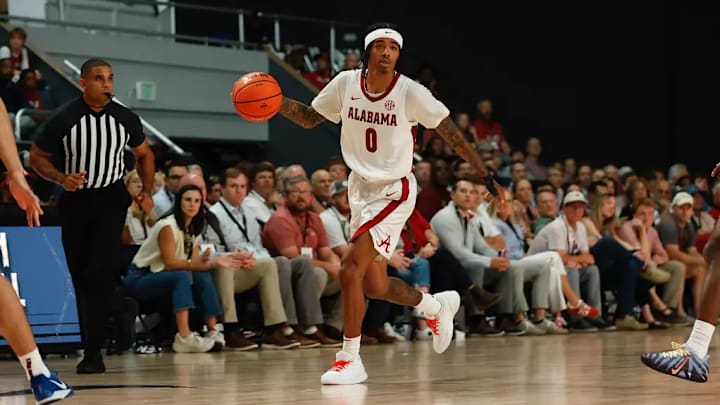 Alabama guard Labaron Philon (0) dribbles the ball against FSU during Ballin in Boutwell at Boutwell Auditorium in Birmingham, AL on Thursday, Oct 16, 2025. Alabama guard Labaron Philon (0) dribbles the ball against FSU during Ballin in Boutwell at Boutwell Auditorium in Birmingham, AL on Thursday, Oct 16, 2025.