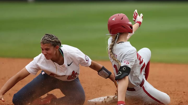 Alabama softball player Larissa Preuitt (11) safe at second against Ole Miss at Ole MIss Softball complex in Oxford , Ms on Saturday, May 6, 2023. Photo by Kent Gidley