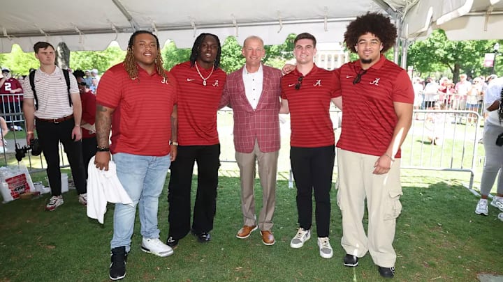 Tim Keenan, Deontae Lawson, Kalen DeBoer, Ty Simpson and Parker Brailsford at captains ceremony at Denny Chimes