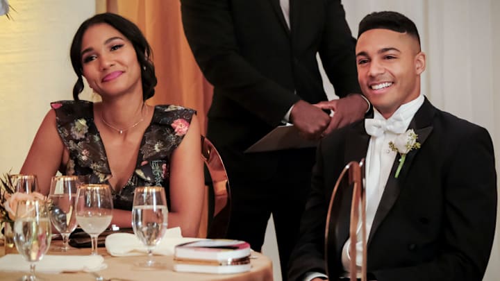 All American -- "Protect Ya Neck"-- Image Number: ALA210b_0321b.jpg -- Pictured (L-R): Greta Onieogou as Layla and Michael Evans Behling as Jordan -- Photo: Eddy Chen/The CW -- © 2020 The CW Network, LLC. All Rights Reserved