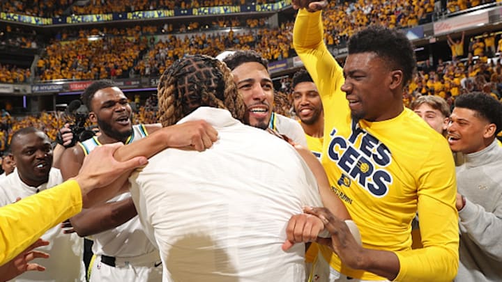Tyrese Haliburton celebrates his series-winner against the Milwaukee Bucks.