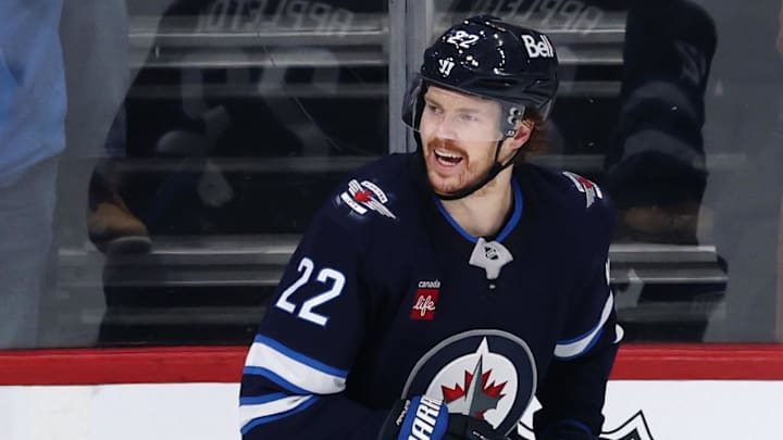 Mar 30, 2025; Winnipeg, Manitoba, CAN; Winnipeg Jets center Mason Appleton (22) celebrates his goal against the Vancouver Canucks in the third period at Canada Life Centre. Mandatory Credit: James Carey Lauder-Imagn Images