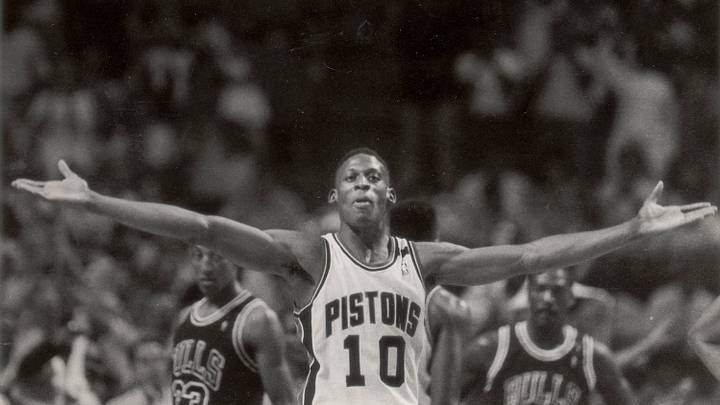 May 31, 1989; Detroit, MI; Dennis Rodman greets victory with open arms. He led the Pistons w/ 14 rebounds. NBA Eastern Conference Finals. Mandatory Credit: Steven R. Nickerson-USA TODAY NETWORK via Imagn Images May 31, 1989; Detroit, MI; Dennis Rodman greets victory with open arms. He led the Pistons w/ 14 rebounds. NBA Eastern Conference Finals. Mandatory Credit: Steven R. Nickerson-USA TODAY NETWORK via Imagn Images