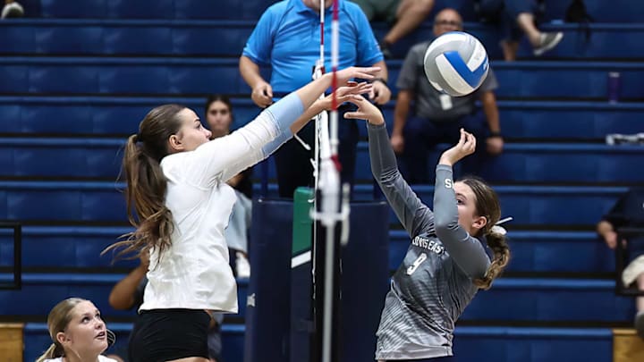 A Clovis North blocker in a Sept. 24 three-game sweep over Clovis East in Central Section action. Clovis North travels to top seed San Luis Opispo in a Central Section Division 1 semifinal playoff match Tuesday.
