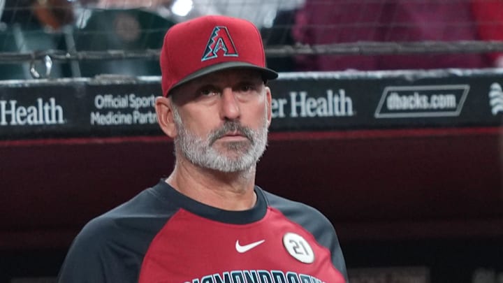 Sep 15, 2025; Phoenix, Arizona, USA; Arizona Diamondbacks manager Torey Lovullo (17) looks on against the San Francisco Giants during the fourth inning at Chase Field. Mandatory Credit: Joe Camporeale-Imagn Images