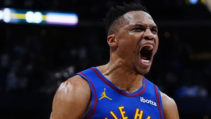 Apr 19, 2025; Denver, Colorado, USA; Denver Nuggets guard Russell Westbrook (4) reacts to his defensive turnover in overtime against the LA Clippers at Ball Arena. Mandatory Credit: Ron Chenoy-Imagn Images