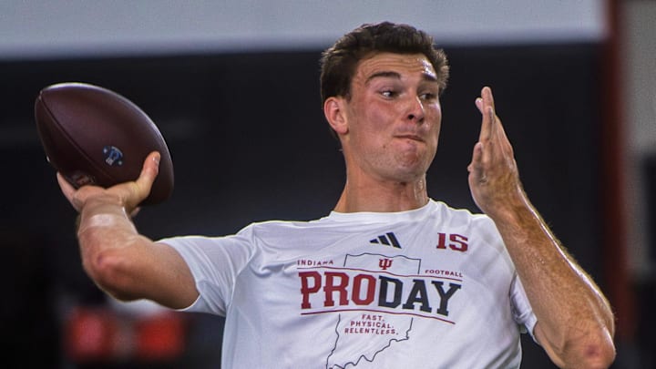 Fernando Mendoza participates in Indiana University's Pro Day at Mellencamp Pavilion on Wednesday, April 1, 2026.