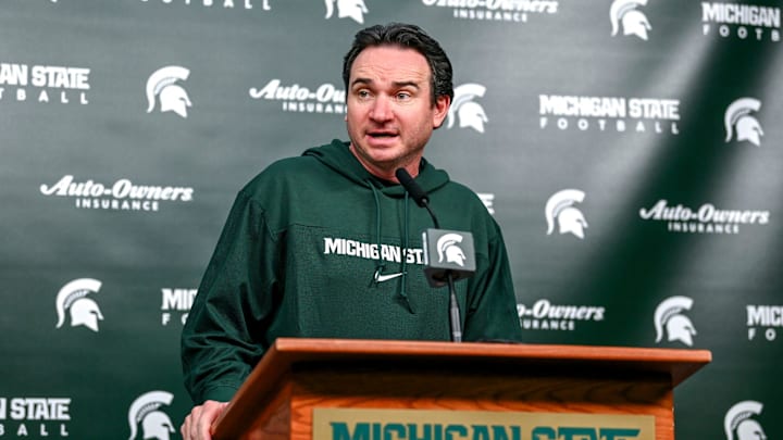 Michigan State coach Jonathan Smith talks the media on the first national signing day for college football recruits Wednesday, Dec. 20, 2023, at Spartan Stadium in East Lansing.