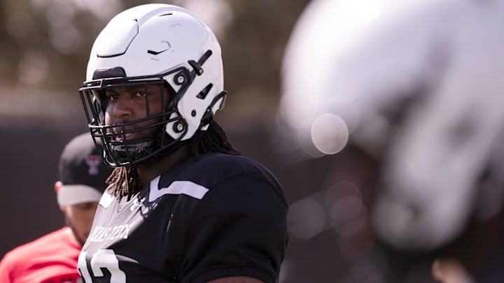 Texas Tech's defensive lineman Trevon McAlpine (93) stands during football practice, Thursday, March 30, 2023, at Sports Performance Center. Texas Tech's defensive lineman Trevon McAlpine (93) stands during football practice, Thursday, March 30, 2023, at Sports Performance Center.