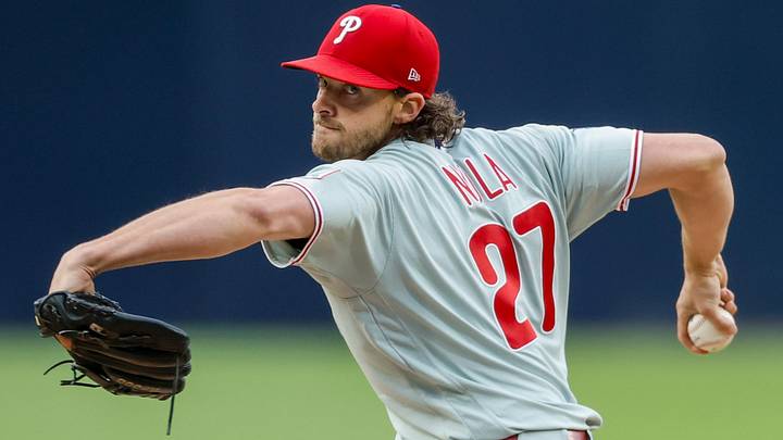 Philadelphia Phillies starting pitcher Aaron Nola (27) throws a pitch during the first inning against the San Diego Padres.