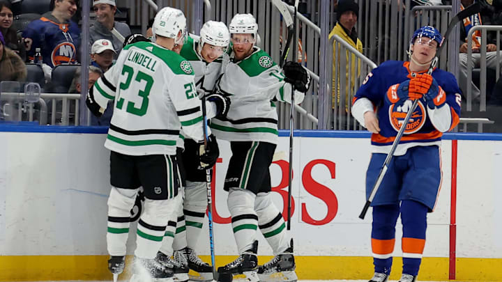 Jan 21, 2024; Elmont, New York, USA; Dallas Stars left wing Jason Robertson (21) celebrates his goal